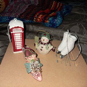 Christmas Tree Ornaments-Telephone Booth-Skates-Snowman-Shoes-Lot of Four VTG